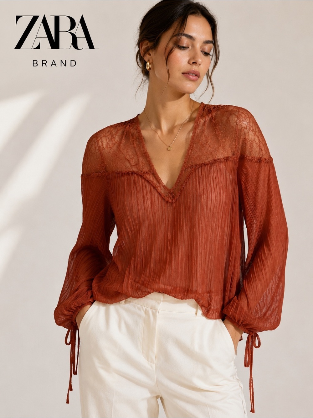 ZARA NWT Sheer Lace Pleated Long Sleeve Blouse Rust Size S